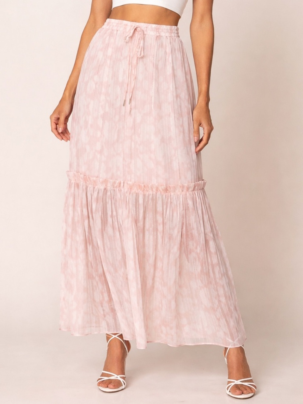 BCBGMAXAZRIA NWT Ruffle Metallic Maxi Skirt in Potpourri Pink/White Size Small - Picture 4 of 10